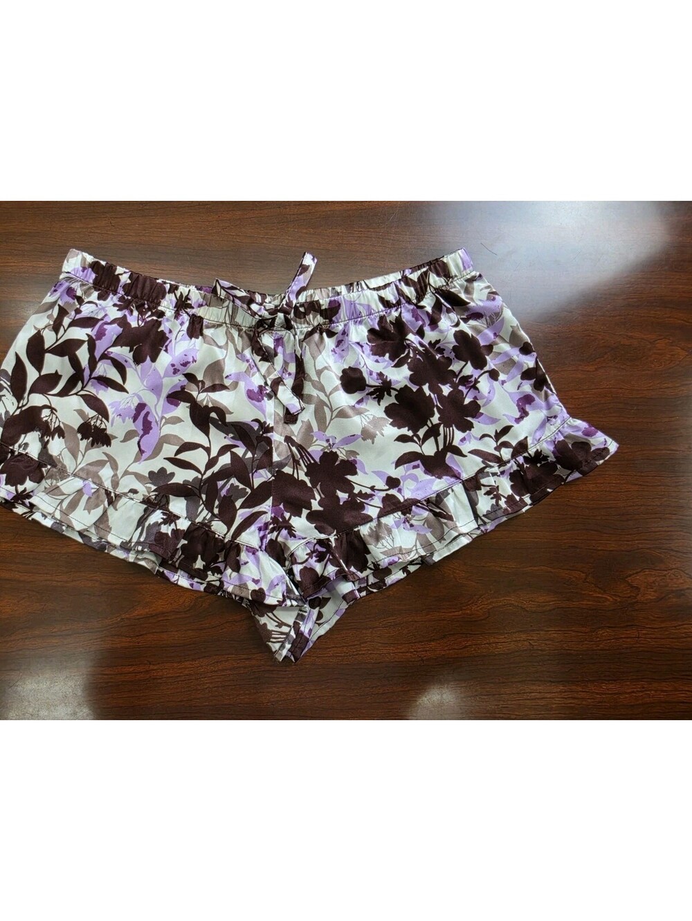 Adore Me Medium Purple Brown Ruffle Satiin Lounge Shorts Tie Waist Boudoir Chic